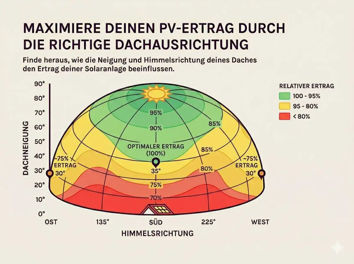 Diagramm zeigt optimalen PV-Ertrag bei S&uuml;dausrichtung und 35&deg; Dachneigung. Jahresverlauf des Ertrags wird durch Neigung und Himmelsrichtung beeinflusst.