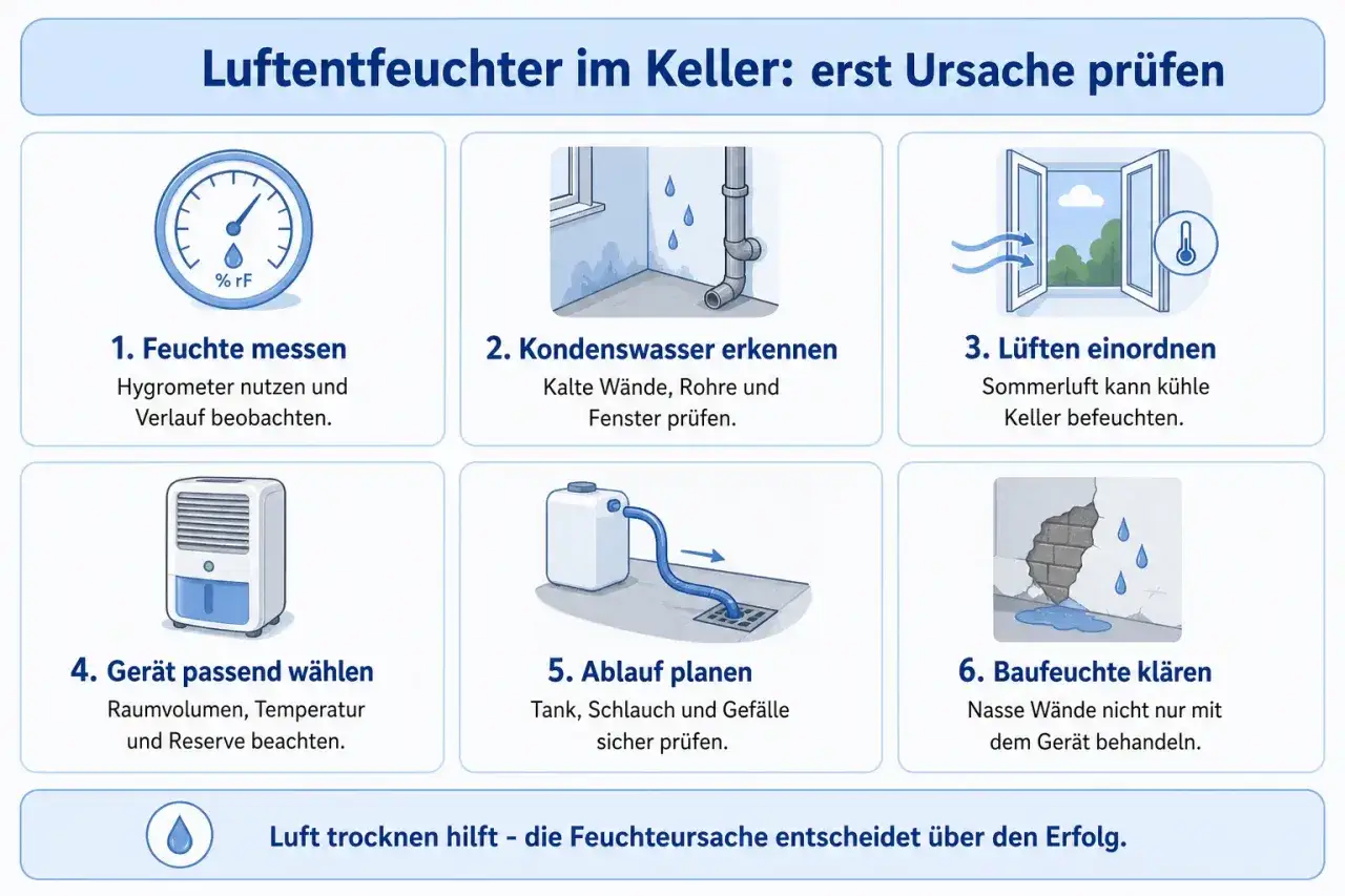 Infografik zeigt Schritte zur Bekämpfung von hoher Luftfeuchtigkeit im Keller: Feuchte messen, Kondenswasser erkennen, richtig lüften, Gerät wählen, Ablauf planen und Baufeuchte klären.