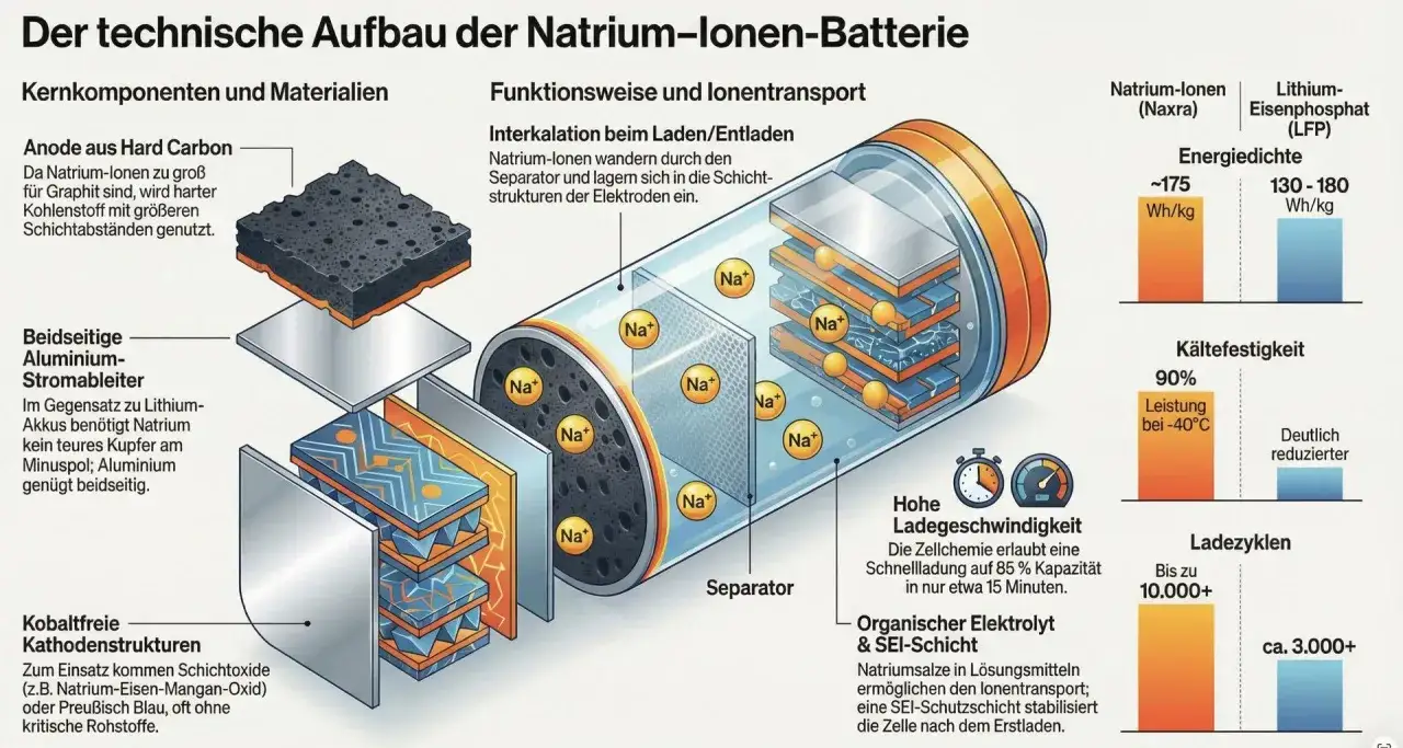 Aufbau einer Natrium-Ionen-Batterie: Anode aus Hartkohlenstoff, Aluminium-Stromableiter, kobaltfreie Kathoden. Ionen bewegen sich durch Separator. Hohe Ladegeschwindigkeit, K&auml;ltefestigkeit.