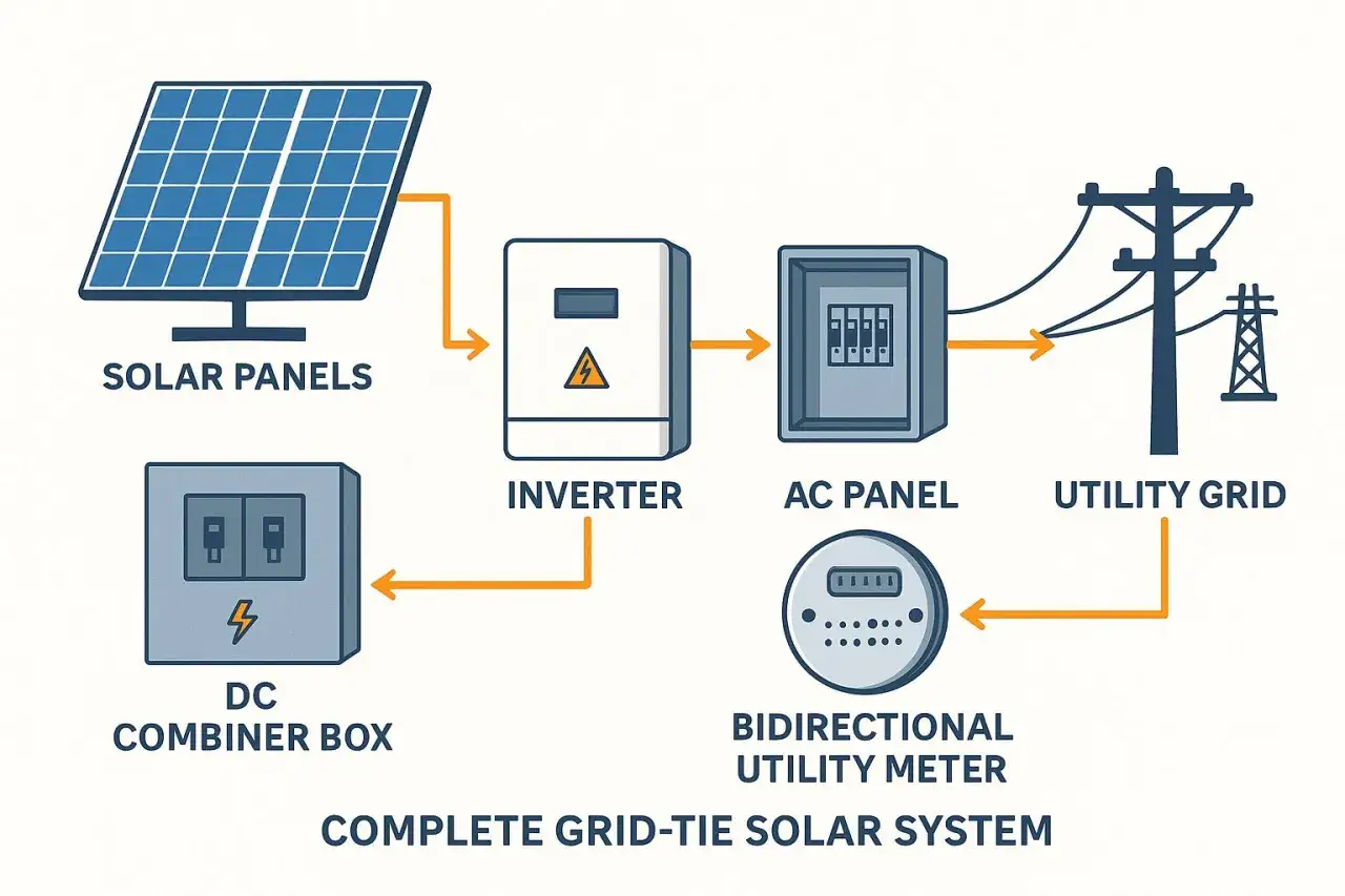 Schema eines netzgekoppelten Solarsystems: Solarmodule speisen einen Wechselrichter, der mit dem AC-Panel verbunden ist. Der Strom flie&szlig;t zum Netz. Eine PV-Anlage gedrosselt? Hier wird der Energiefluss erkl&auml;rt.