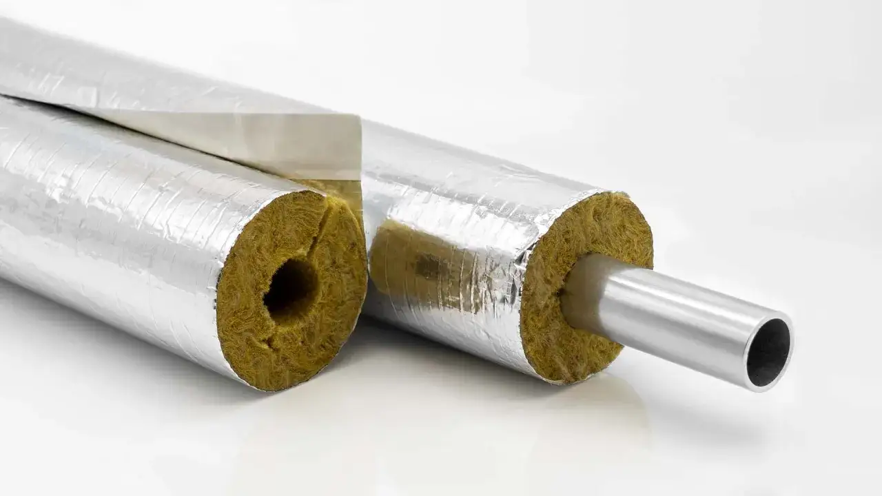 Isolierte Heizungsrohre mit Mineralwolle und Aluminiumfolie, wie sie f&uuml;r die Heizungsrohre isolieren Vorschrift empfohlen werden.