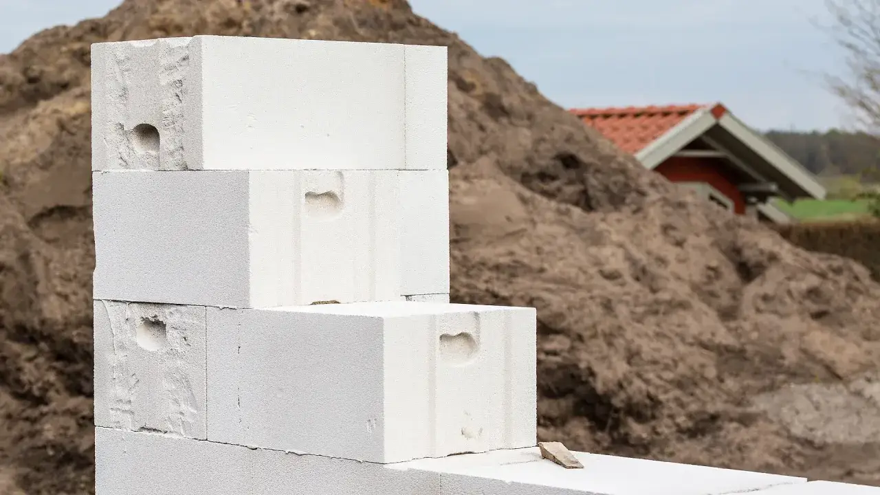 Stapel von Porenbetonsteinen warten darauf, verputzt zu werden. Im Hintergrund ein Erdh&uuml;gel und ein Haus mit rotem Dach.