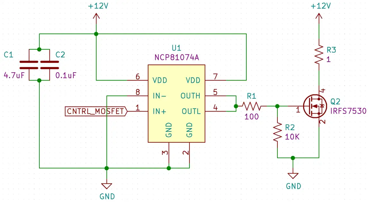Schaltplan zeigt einen MOSFET Q2 (IRFS7530) mit Gate, Drain und Source, gesteuert durch IC U1.