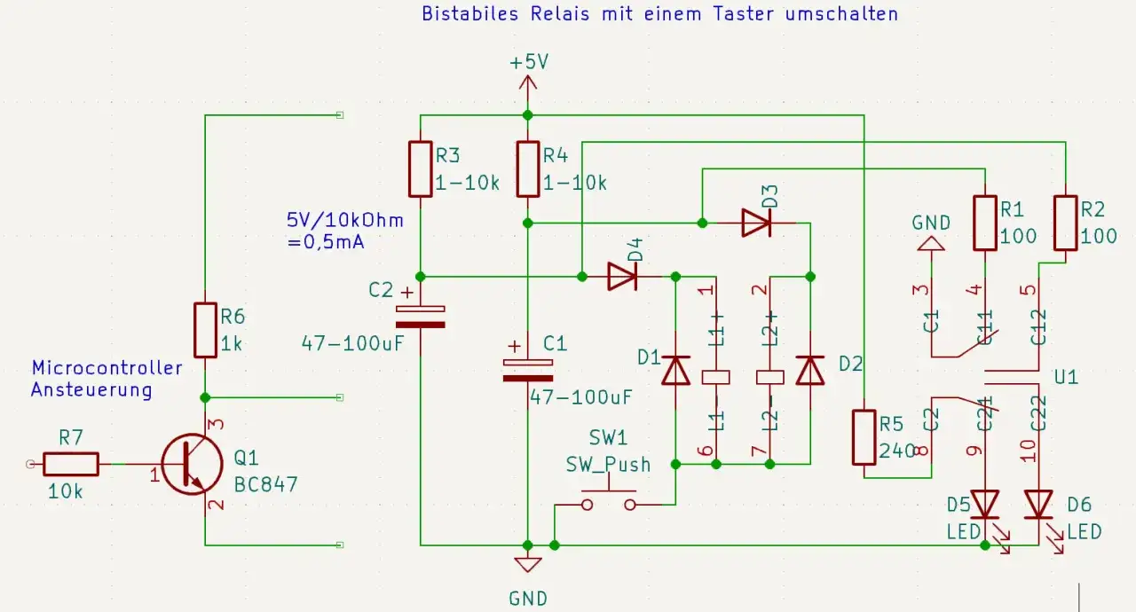 Schaltplan zeigt die bistabiles Relais Funktion, gesteuert durch einen Taster und Mikrocontroller. LEDs zeigen den Zustand an.