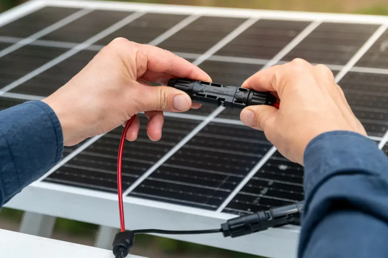 H&auml;nde verbinden rote Kabel mit einem MC4 Stecker, um die Solaranlage zu erweitern.