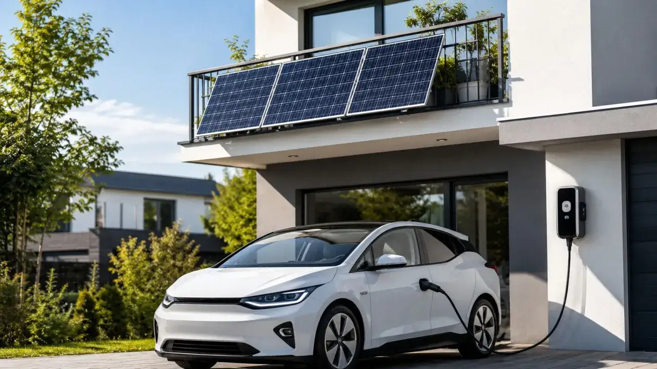Ein wei&szlig;es E-Auto l&auml;dt an einer Wallbox, w&auml;hrend drei Solarmodule auf dem Balkon montiert sind. So kann man mit einem Balkonkraftwerk das E-Auto laden.