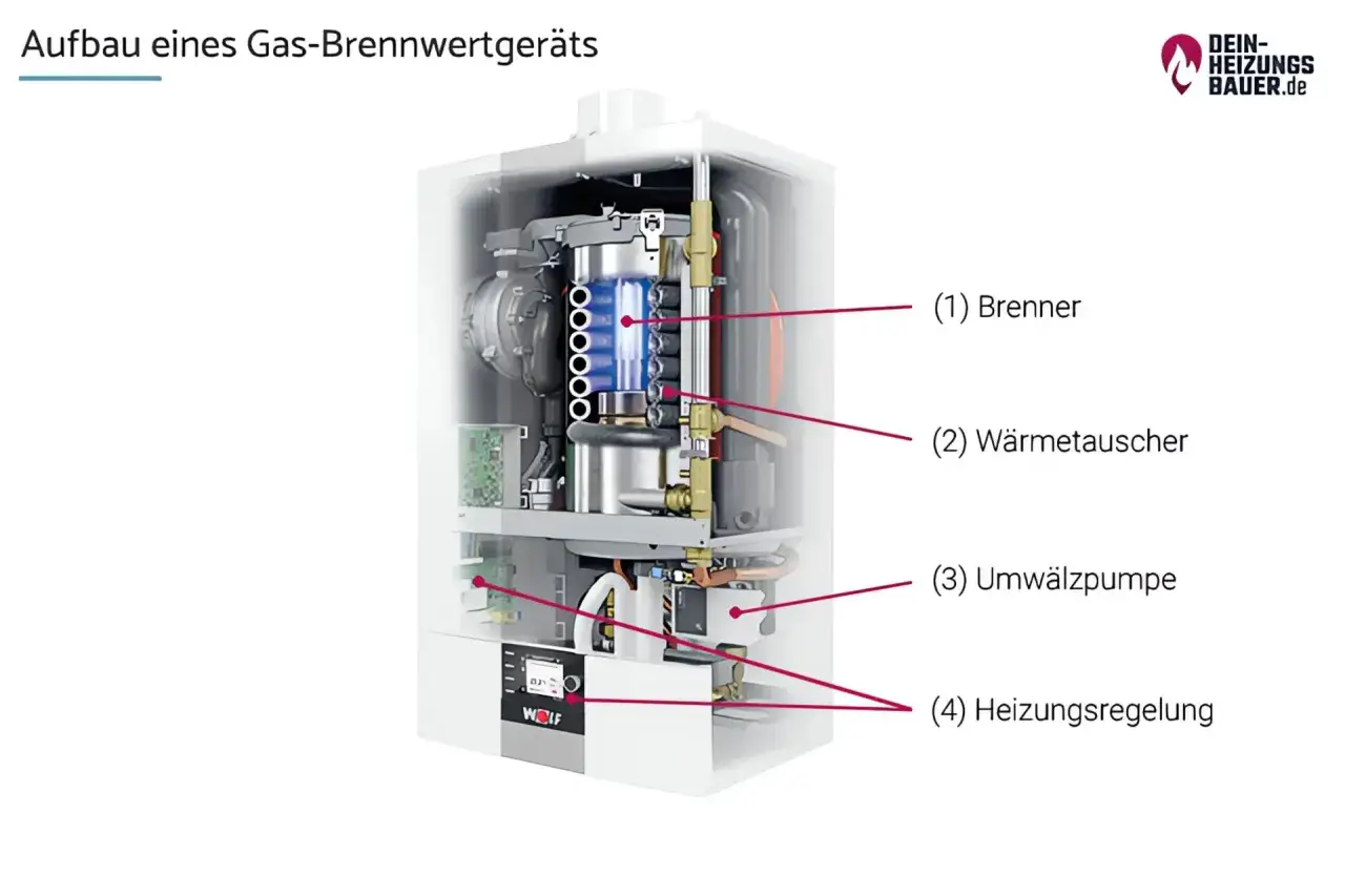 Schnittbild eines Gas-Brennwertger&auml;ts: Brenner, W&auml;rmetauscher, Umw&auml;lzpumpe und Heizungsregelung erkl&auml;ren, wie funktioniert eine gasheizung.