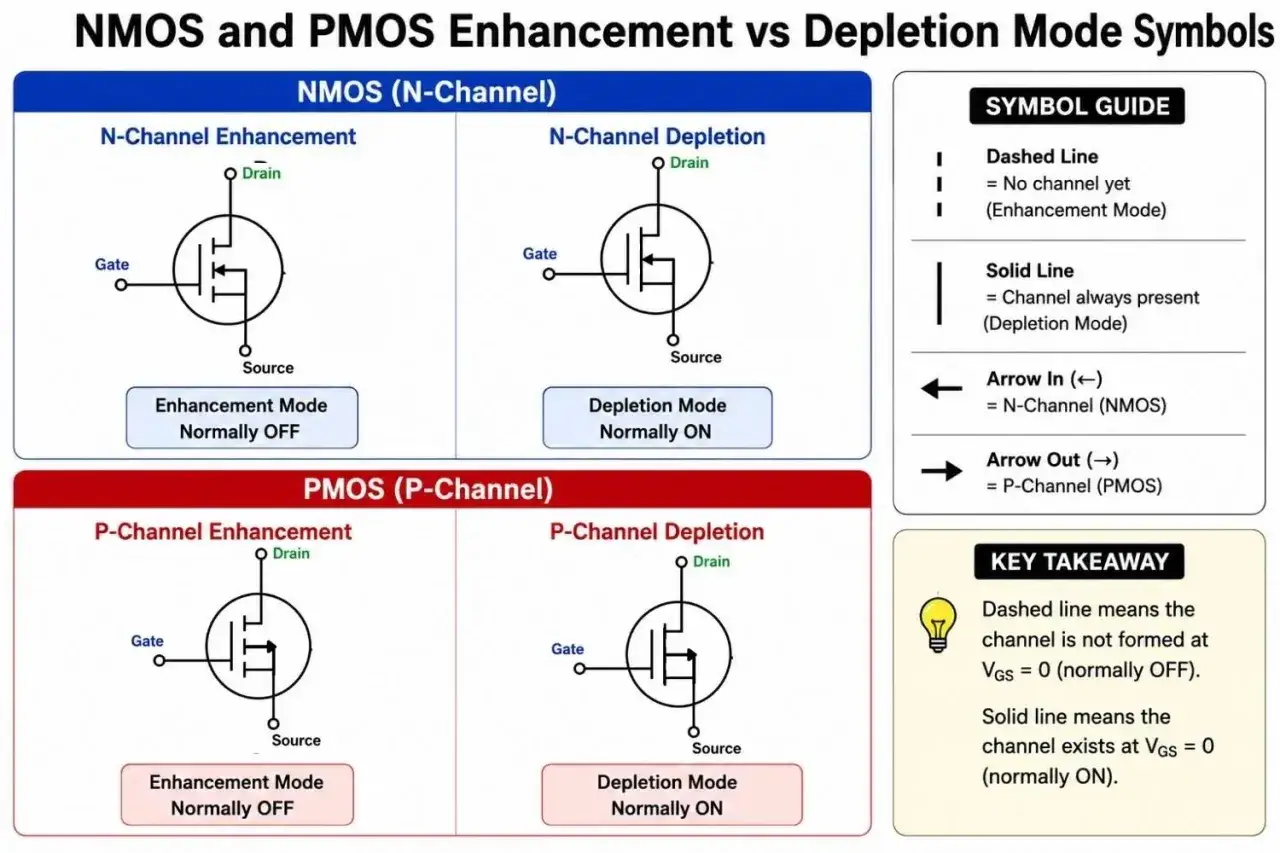 &Uuml;bersicht &uuml;ber NMOS- und PMOS-MOSFET-Schaltzeichen: Enhancement- und Depletion-Modi.