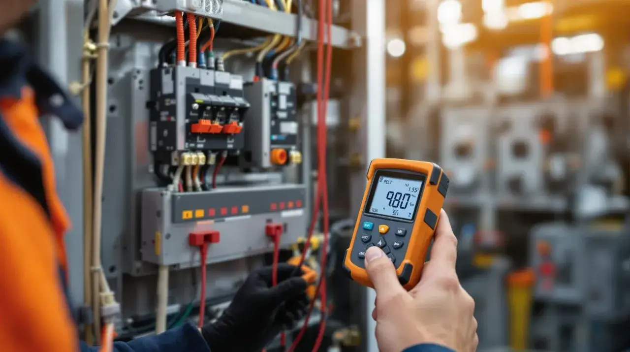 Elektriker f&uuml;hrt eine ISO Messung an einem Schaltschrank durch. Ein orangefarbenes Messger&auml;t zeigt Werte an.