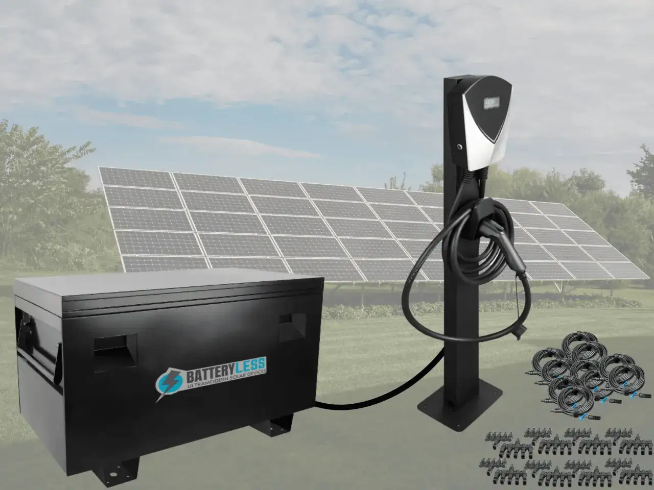 E-Auto-Batterie als PV-Speicher: Schwarzer Speicher neben Lades&auml;ule und Solarmodulen. Kabel und Stecker liegen bereit.