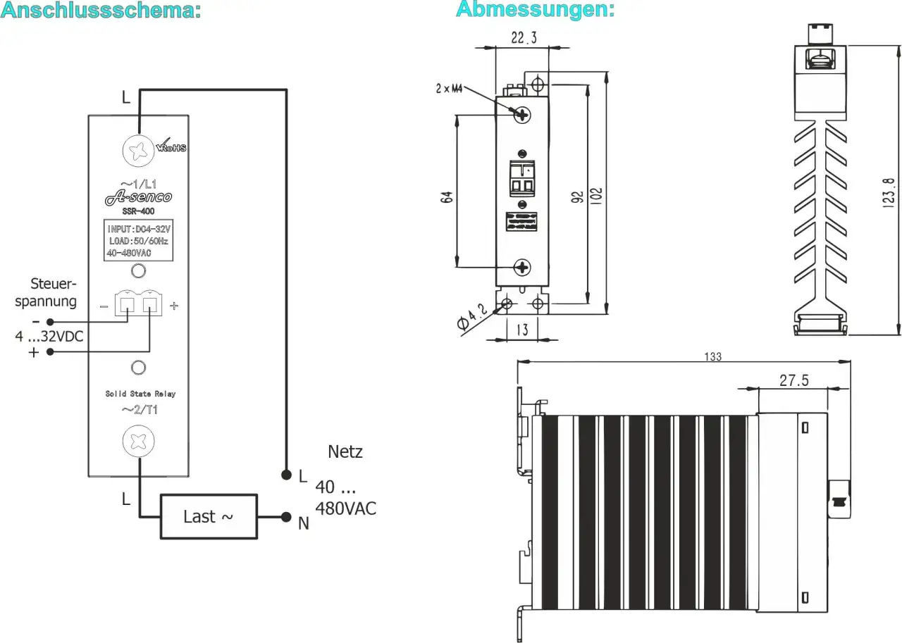 Schaltplan eines Solid State Relais (SSR) mit Abmessungen. Nachteile wie W&auml;rmeentwicklung sind bei der Montage zu beachten.