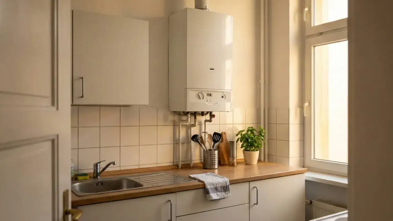 Eine Etagenheizung, die Wärme für die Wohnung liefert, hängt über der Küchenspüle.