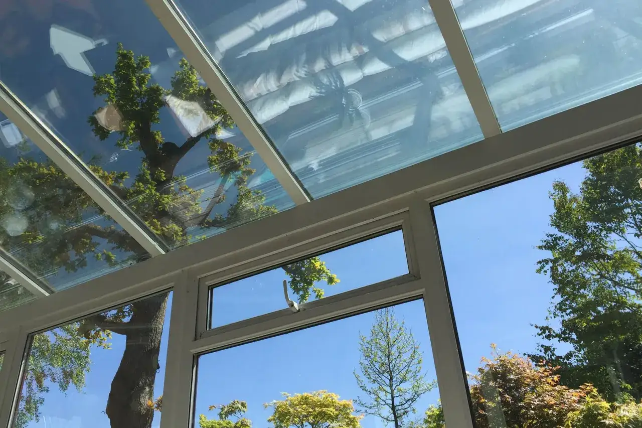 Blick durch ein Fenster in einen Wintergarten mit Glasdach. B&auml;ume spiegeln sich im Glas. Dringend n&ouml;tig: Wintergarten abdichten, damit kein Regen eindringt.
