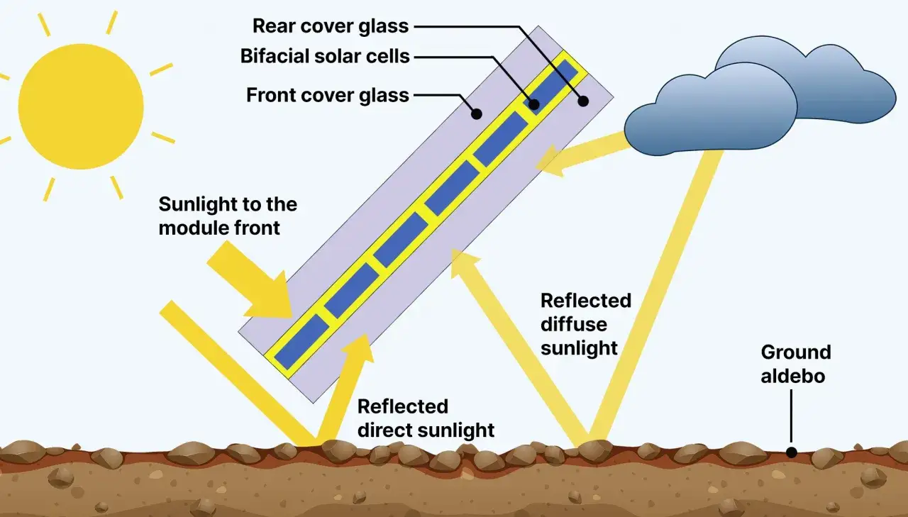 Was sind bifaziale Module? Sie fangen Sonnenlicht von vorne und hinten ein, dank reflektiertem Licht vom Boden.